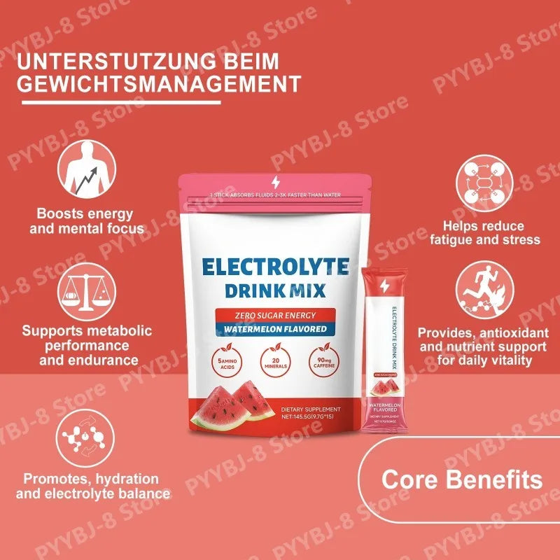 Zero Sugar Watermelon Electrolyte Powder with 90mg Caffeine Amino Acids Minerals Vitamins Provide Energy Replenishment 15 Sticks