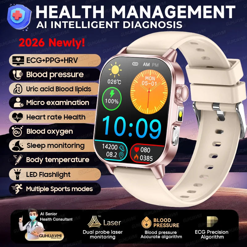 2026 New Micro Physical Examination Health Smartwatch Blood Pressure Uric Acid Blood Lipids Flashlight Care Smartwatch for Women