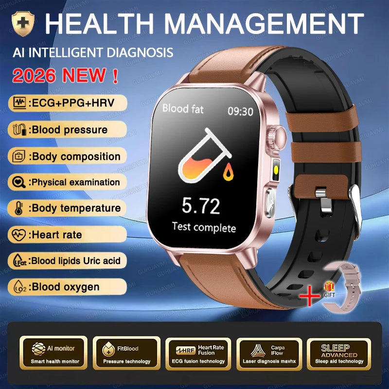 Nursing Grade AI Health Analysis Diagnose Smart Watch ECG+PPG Clock Blood Pressure Blood Lipid Uric Acid HD Call Watch Men Women