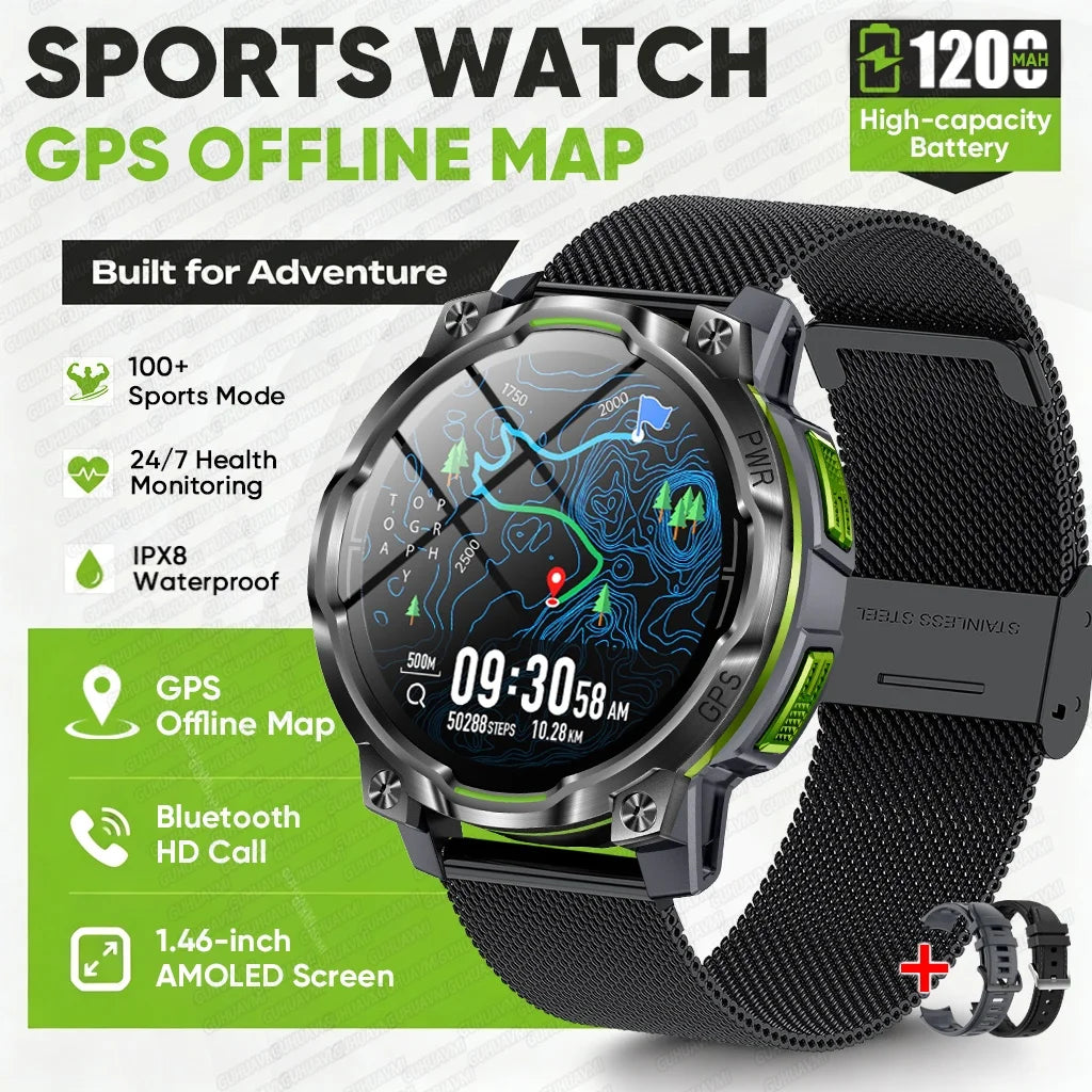 2026 New GPS Offline Map Smart Watch Men 1200mAh Battery IPX8 Waterproof Compass Altimeter Flashlight Bluetooth Call Smartwatch