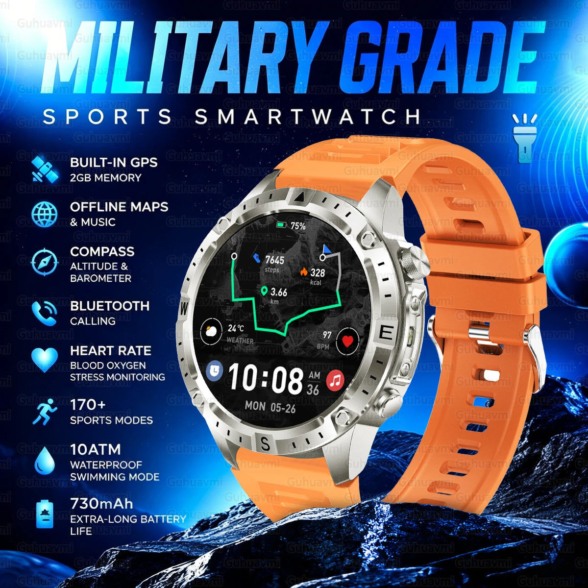 2026 New Rugged Military Smartwatch 2GB Memory GPS Offline Maps Compass 24H Heart Rate 10ATM Waterproof Bluetooth Sports Watches