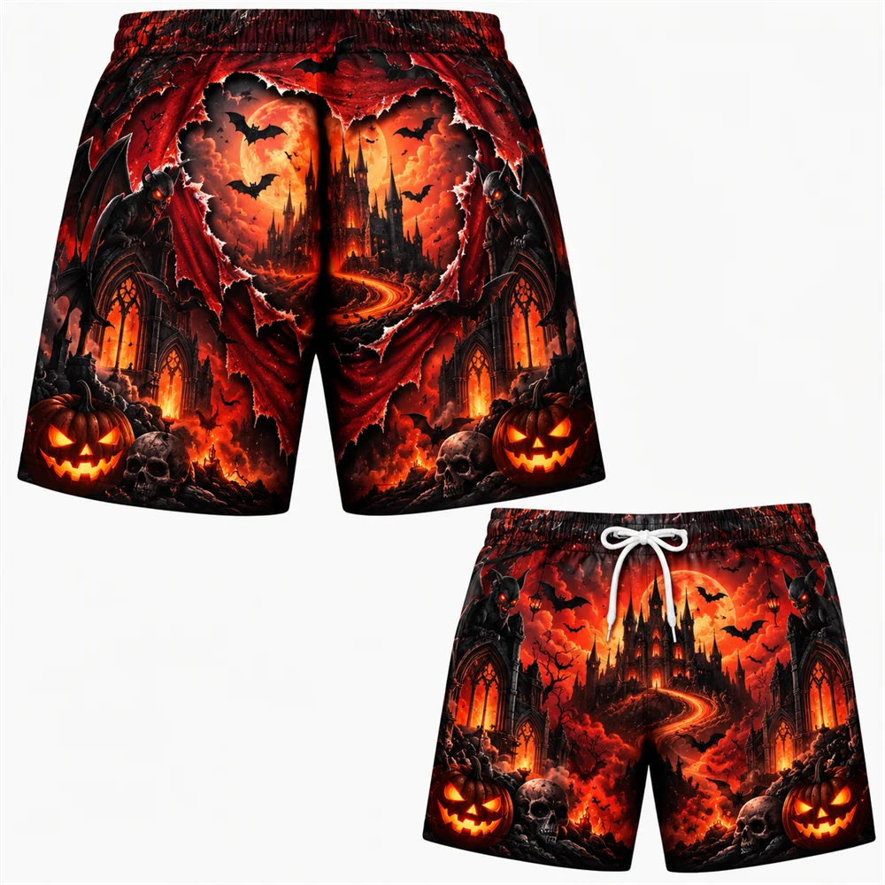2026 Funny Halloween Fake Buttocks Board Shorts For Men 3D Jack O Lantern Print Loose Shorts Beach Elastic Waist Holiday Wear