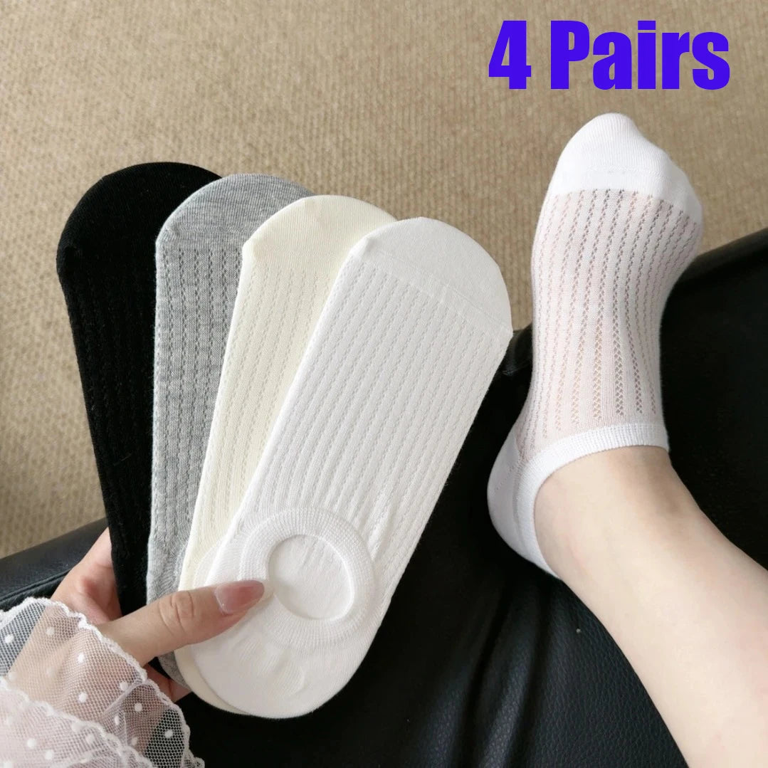 4 Pairs Women Summer Thin Breathable Non Slip Low Cut Invisible Boat Socks Casual Solid Color Comfortable Mesh Socks For Ladies