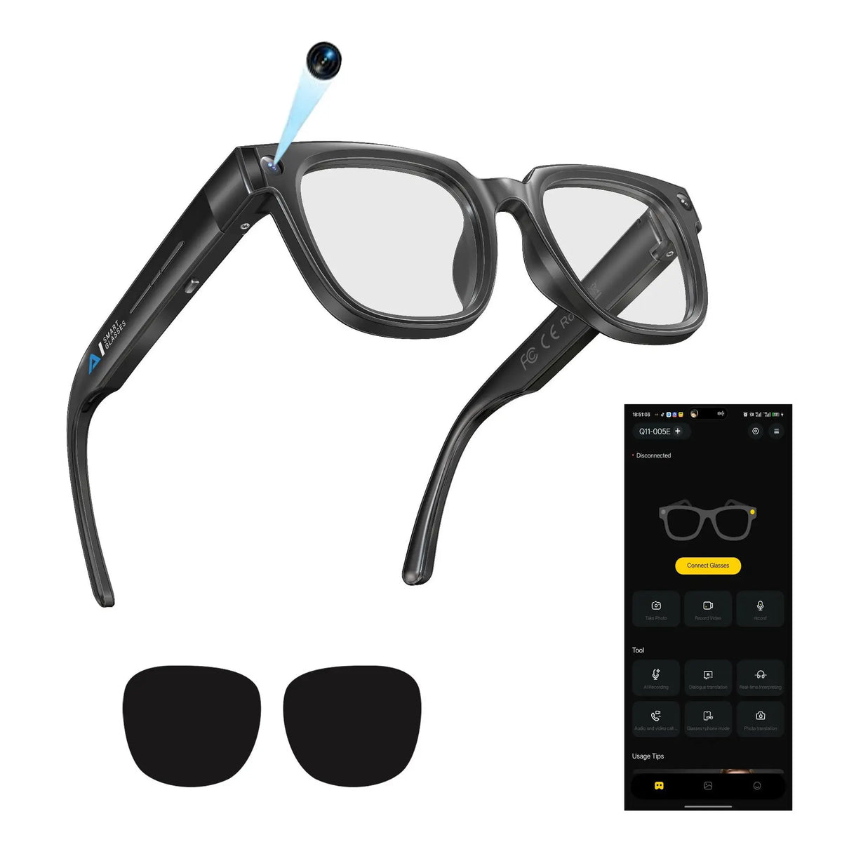 Q11 Smart Glasses 4K Camera Photo Video Real-Time Multi-Language Translation Bluetooth Call & Stereo Music Photochromic Eyeglass