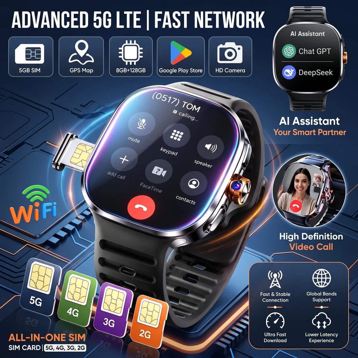 2026 New 5G/4G Smart Watch 8+128GB SIM WiFi GPS Google Maps HD Camera Video Call AI Assistant Google Play Smart Watch Men Lady