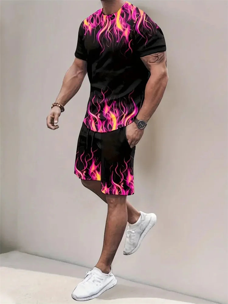 New Gradient Texture T-Shirt Men's Two-Piece Summer New Shorts Suit Fashion 3D Printing Street Casual Sportswear Men's Models