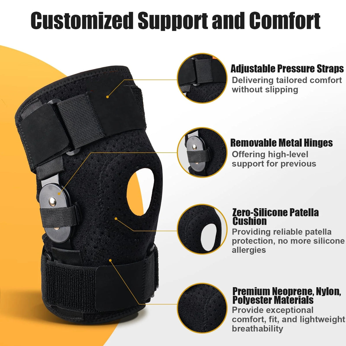 1PC Hinged Knee Brace, Adjustable Knee Support Wrap for Men Women Pain Relief Swelling Strains Sprains ACL and MCL Injuries