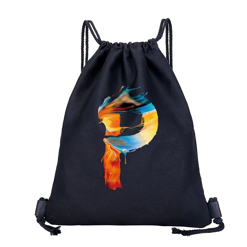 26 Initials Print Drawstring Bag Backpack Men and Women Beach Sports Travel Backpack Kid Gift Supplies Bag Portable Sundries Bag