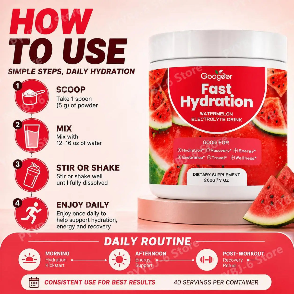 Googeer Watermelon Electrolyte Drink Powder for Post-Workout Recovery, Hydration Support, Daily Energy Levels and Endurance 200g
