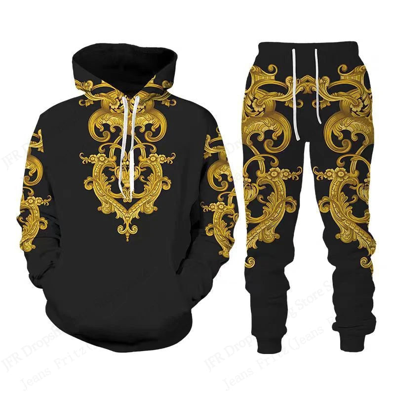Mens Two Piece Hoodie Pant Sets Golden Pattern 3d Print Sets Men Women Fashion Hoodie+Pant 2 Piece Suit Sports Tracksuit Comfort