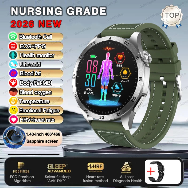 2026 New ECG+PPG Smart Watch Men Treatment Blood Pressure Uric acid Lipids Smartwatch Bluetooth Call Body analysis Health Clock