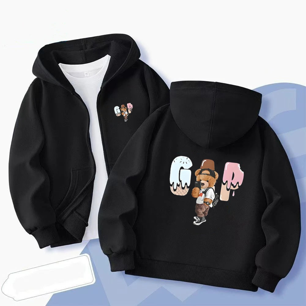 Fashion Bear clothing print Kid 3-12 Year Hoodie Zip Up Hoodies cardigan Tops Girl pink Black Coat autumn Children Purple