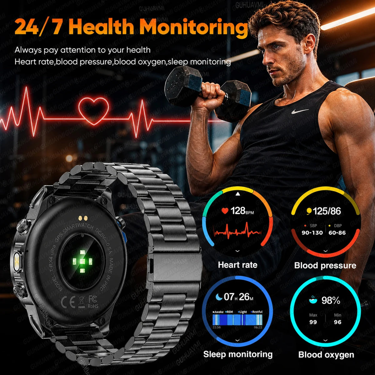 2026New Military T-RX4 Built in GPS Outdoor Smart Watch 10ATM Waterproof Compass 850mAh Battery 1.7”AMOLED Sports Fitness Clock