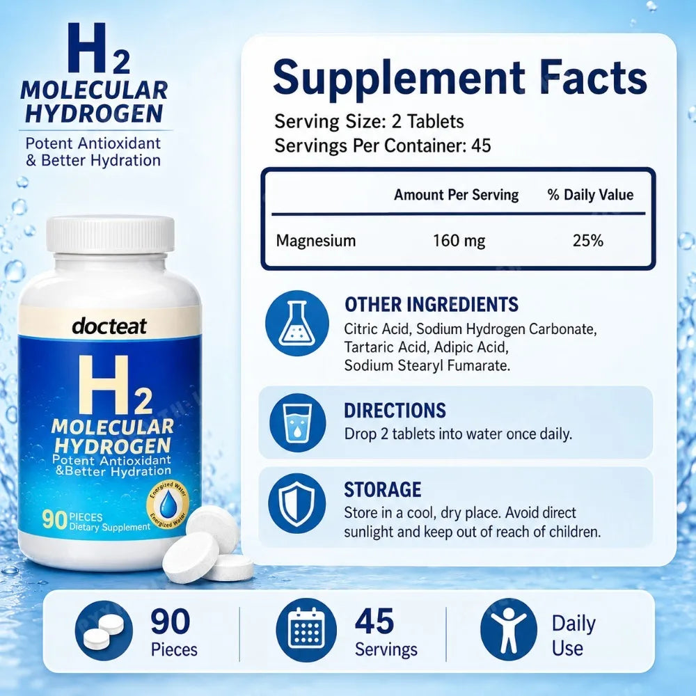90pcs H2 Molecular Hydrogen Water Tablets with Magnesium 160mg Effervescent Drink Supplement for Travel Gym Home Hydration
