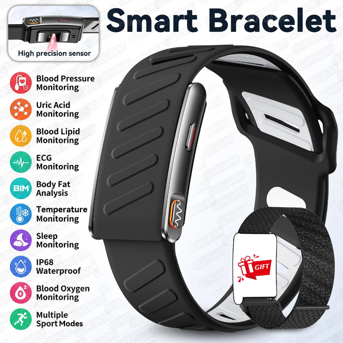 2026 Global Version Smart Wristband AI-Health Screenless Bracelet Blood Pressure ECG Uric Acid Waterproof Sports Fitness Tracker