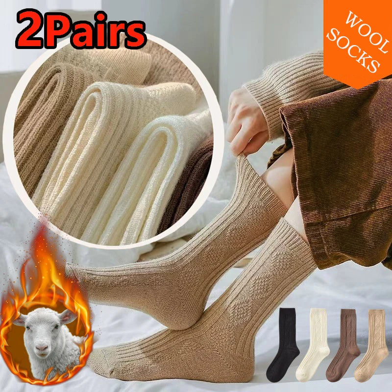 2 Pairs Cashmere Socks Wool Women's Boot Socks Diamond Check Thicken Warm Mid Tube Thermal Fashion Solid Simple Snow Socks