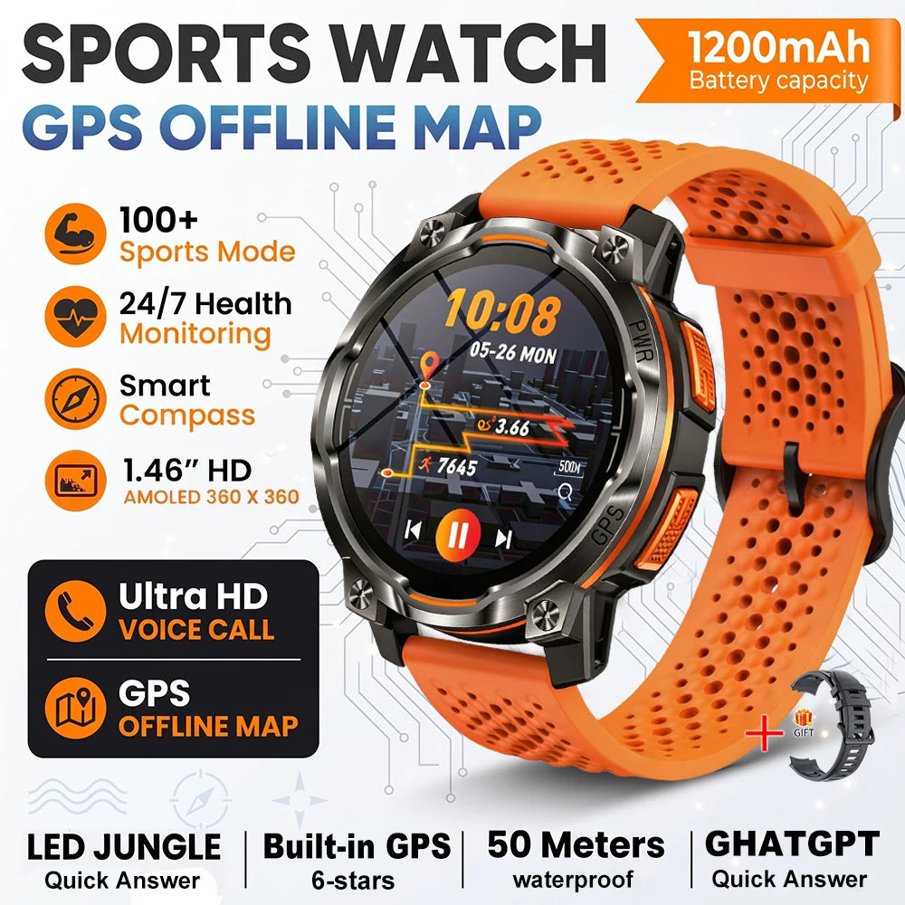 New Technology 2026 Offline Map GPS Smart Watch Men 1200mAh Battery Waterproof Compass Altimeter 100+Sports Military Smart Watch