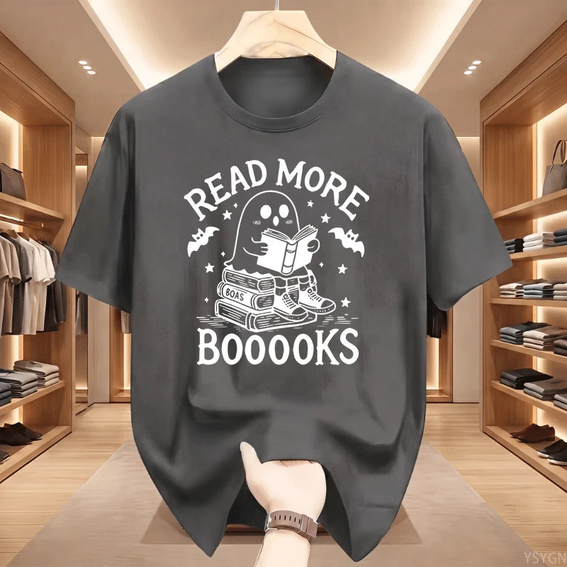 Read More Booooooks Ghost Book Lover T‑Shirt Cute Ghost Reading Book Stack Bat Star Spooky Halloween Bookworm Pun Quote Tops Tee