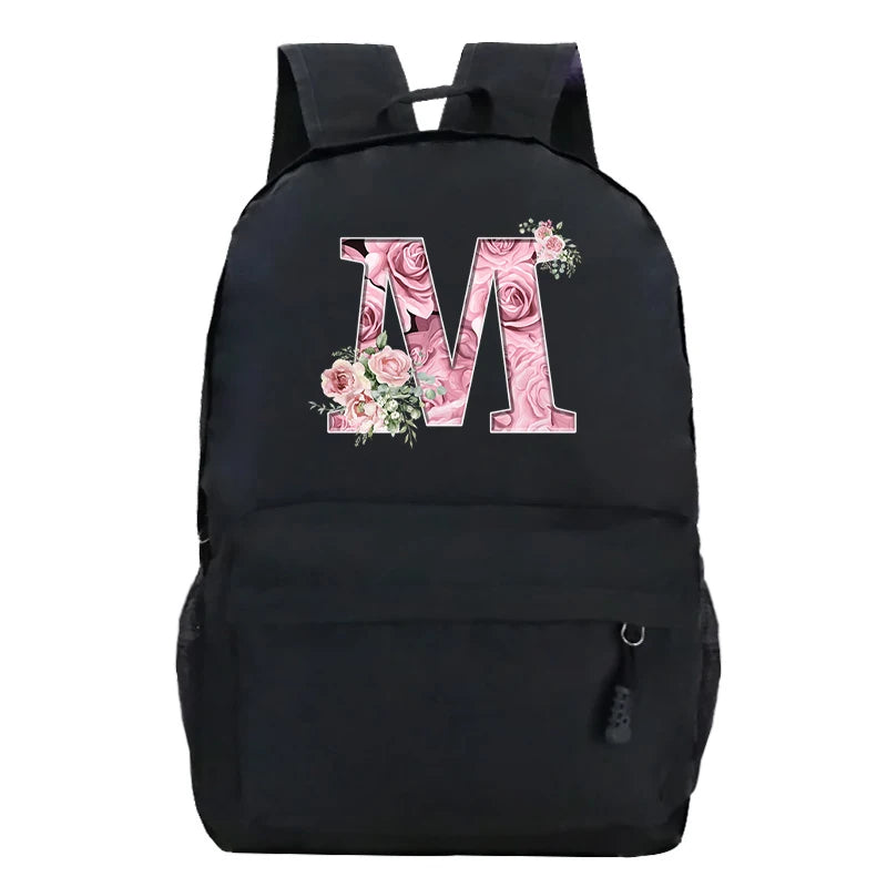 Pink Rose Alphabet Backpack Black Casual Women Aesthetics Rucksack Teenage Girl Boy Flower Letter School Bag Student Mochilas