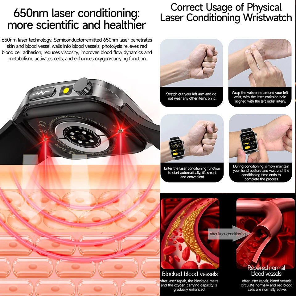2026 New Non-Invasive Laser Treatment Three High Smart Watch ECG+PPG Blood Fat Uric Acid Health Diagnosis Smart Watches For Man