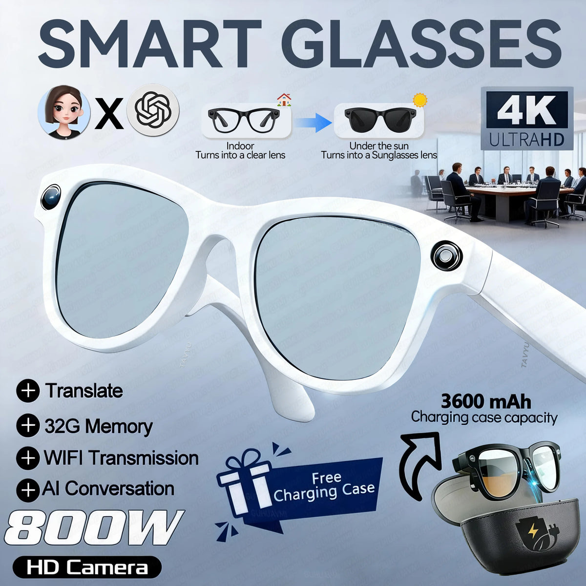 New 8MP HD Anti-shake Camera 3600mAh Charging Case Smart Glasses Women Photography Video Recording Translation AI Chat Glasses