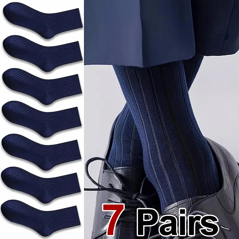 7 Pairs Men's Business Mid Tube Socks Formal Dress Socks Comfortable Breathable Sweat Absorbing All Season Casual Socks Men