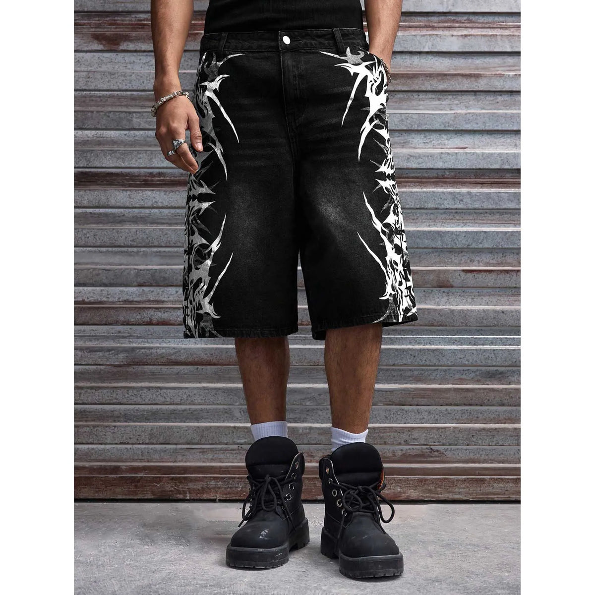 Men Black Non-Stretch Denim Jorts Summer Streetwear Print Baggy Wide Leg Knee Length Hip Hop Casual Shorts Y2K Punk Style