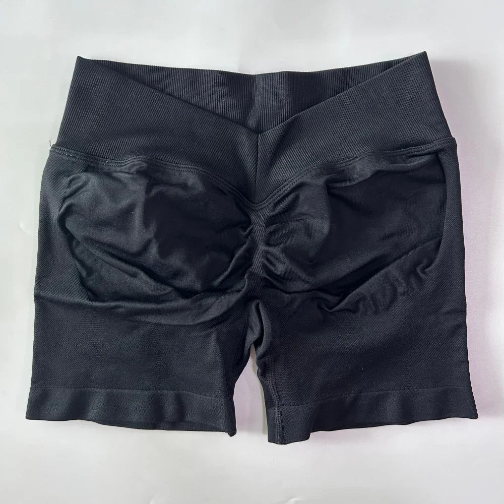No Logo Women Back V Waist Yoga Shorts High Elastic Seamless Flex Scrunch Bum Workout Gym Shorts Yoga Booty Running Short Pants