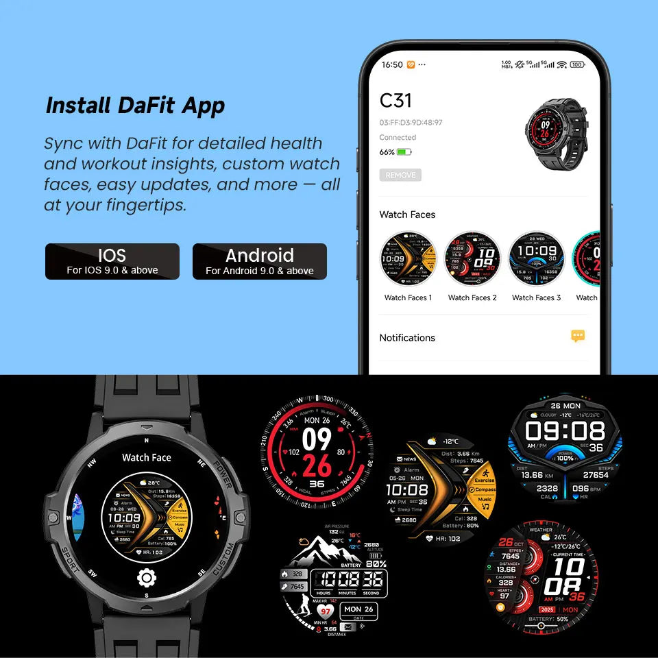 LEADOYS C31 Men's GPS Smartwatch Reloj Inteligente Para Hombre Outdoor Fitness Swimming Running Jumping Rope Smart Wrist Watch