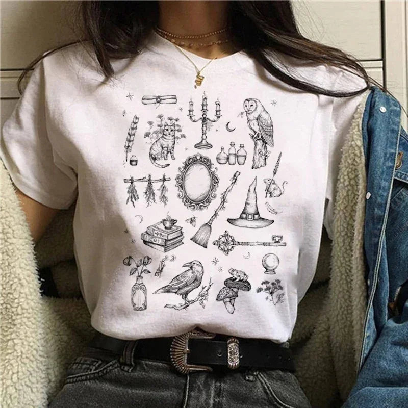 T-shirts Short Sleeve Harajuku Graphic Top Shirts Street Costume Women Cartoon Witch Magic Tshirt Halloween Print
