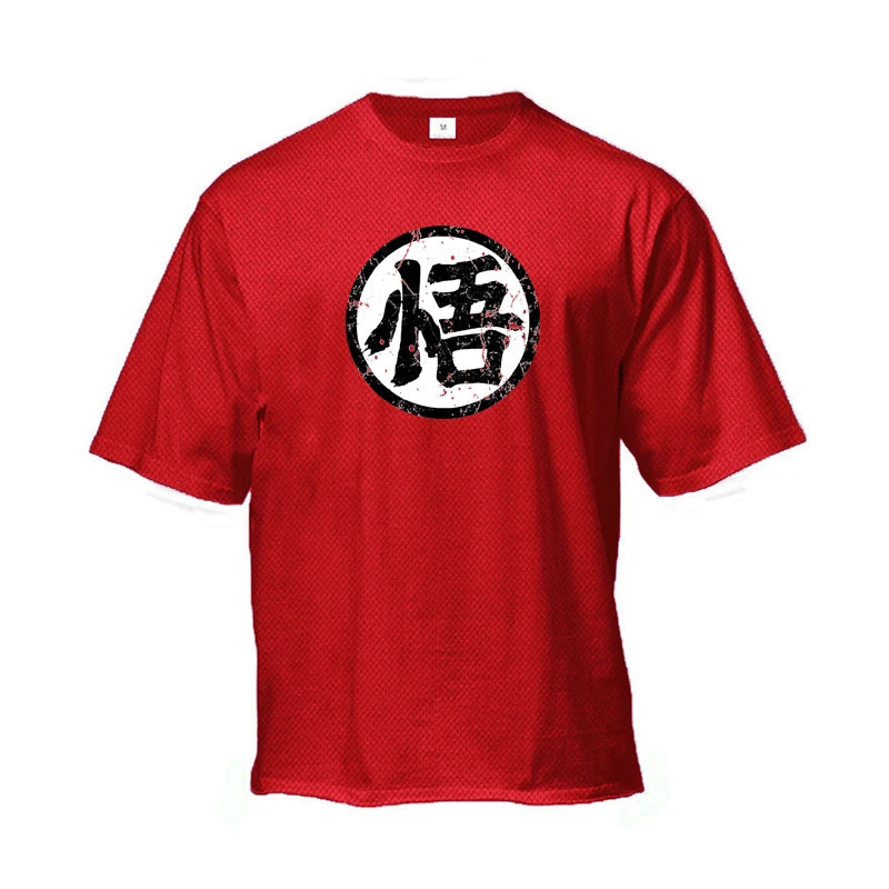 Japanese Anime Logo Wu Font Funny Printing Mens Loose Running T-shirt Summer Quick Dry Mesh Half Sleeve Gym Fitness Clothing