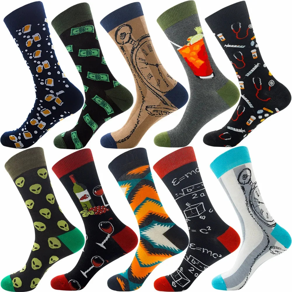 10 Pairs Lot Pack Men Women Couples Lover Socks New Arrival Rhombus Animal Christmas Cartoon Fruit Food Dot Cotton Happy Socks