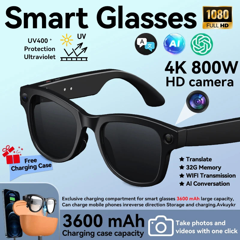 3600mAh Power Bank Smart Glasses 800W 4K HD Pixel 32GB Translation Bluetooth Music Ultra AI Smart Glasses with video camera 2026