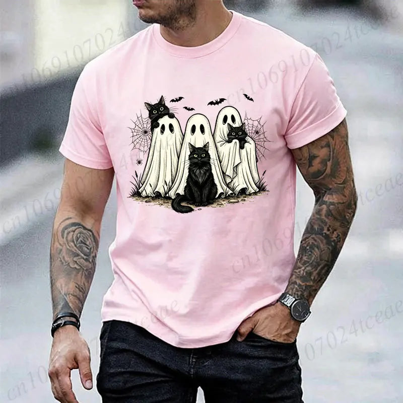 Retro Halloween Ghost & Black Cat Graphic T‑Shirt Men Women Spooky Ghost Cats Bat Spider Print Short Sleeve Holiday Party Tops