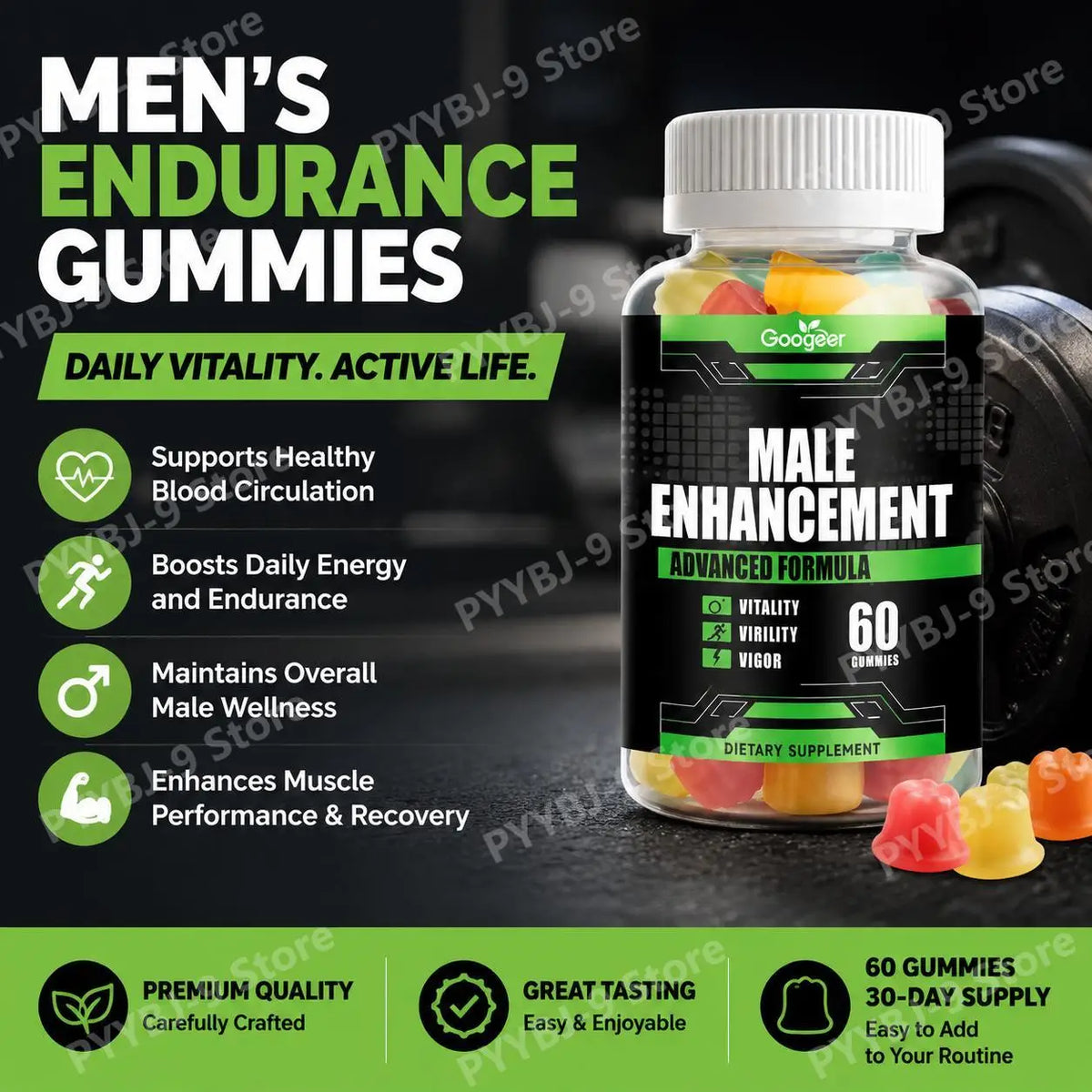 Googeer Men's Endurance Gummies, Energy and Vitality Support, Blood Flow & Post Training Muscle Recovery Support, 60 Count