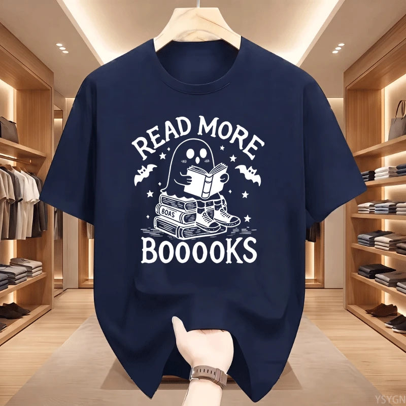 Read More Booooooks Ghost Book Lover T‑Shirt Cute Ghost Reading Book Stack Bat Star Spooky Halloween Bookworm Pun Quote Tops Tee