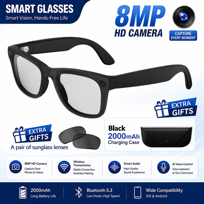 Upgraded HD5-ultra AI Smart Glasses AI Real-time Translation 800W Pixel Camera Photo Video Recording 300 Mah Smart Glasses 2026