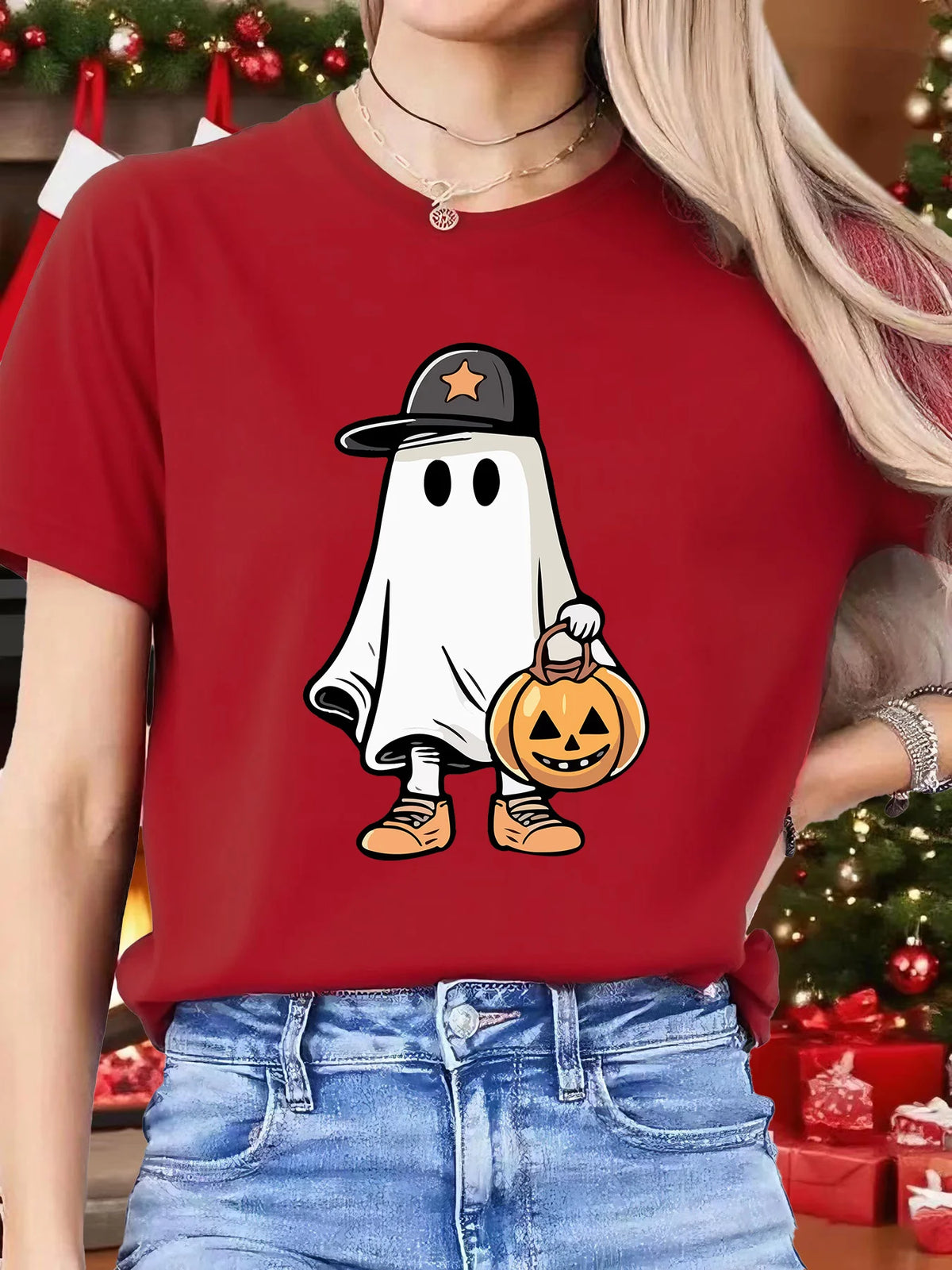 Cute Ghost Cap Pumpkin Basket Womens Crew Neck Short Sleeve T Shirt Halloween Cartoon Spooky Casual Graphic Tees For Ladies