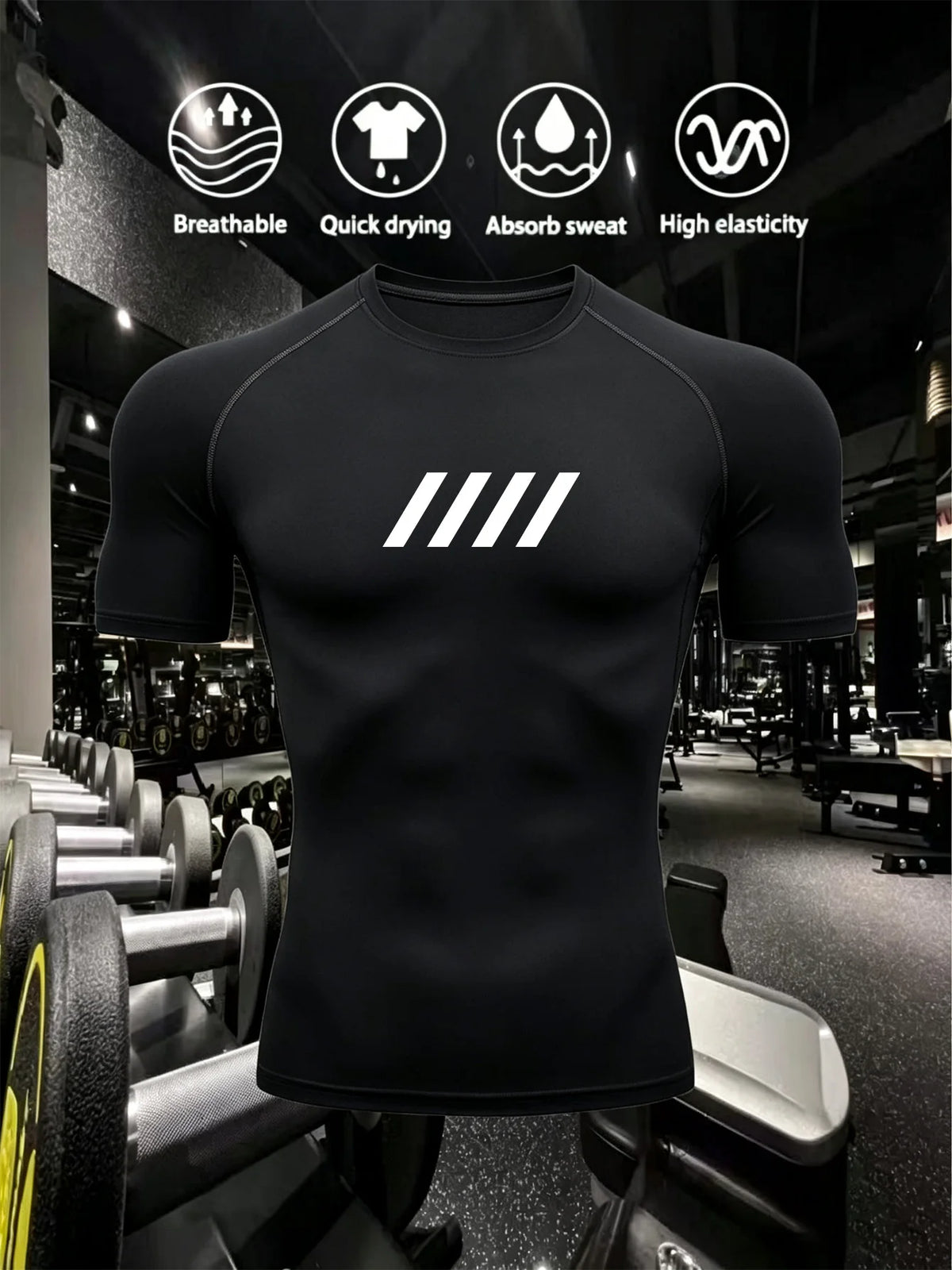 Men's Compact Lightweight Fitness Sport Shirt Short Sleeve, 2D Print Design, Quick-Drying Running Fitness T-Shirt-J47