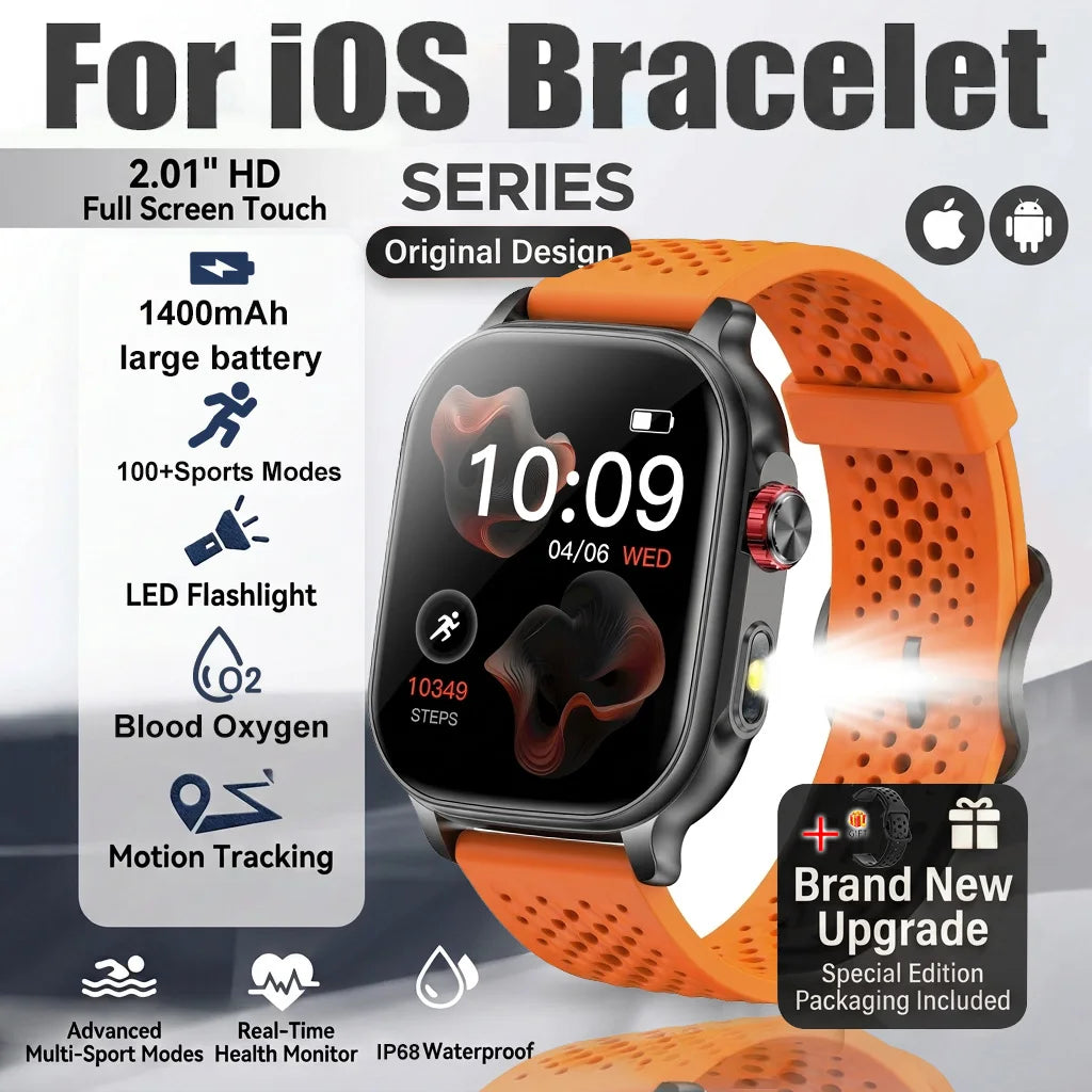 New1400mAh Large Battery Smart Watch 5ATM Waterproof LED Flashlight 100+ Sports Modes Heart Rate Fitness Tracker Men Smart Watch