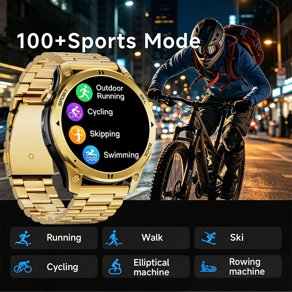 Gold Smartwatch for Men: 1.46-Inch AMOLED Screen, LED Flashlight, 560mAh Battery, 10ATM Waterproof, Bluetooth Call Smartwatch
