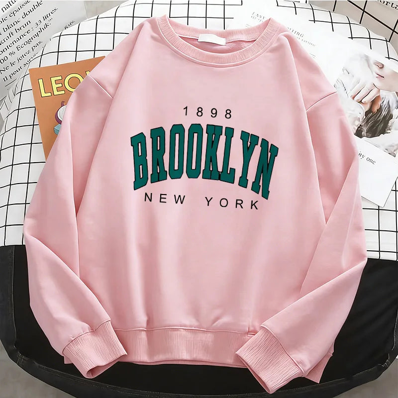 Womens Hoodies Fashion Y2k 1898 BROOKLYN NEW YORK Fleece Sweatshirt Soft Casual O-Neck Pullover Casual Female Clothes