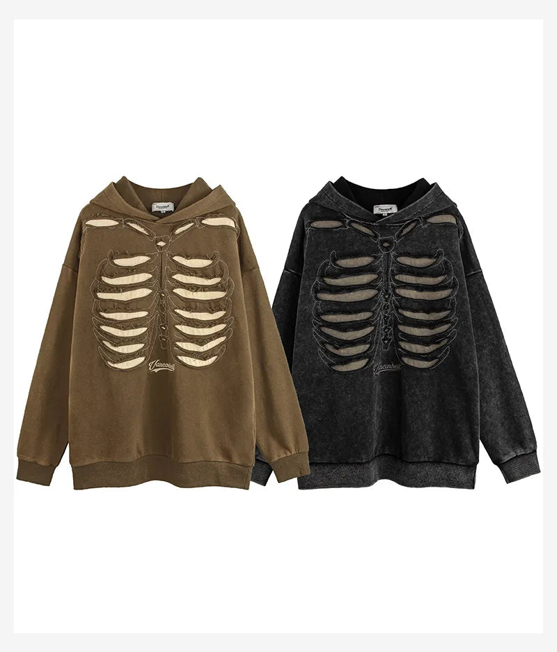 Autumn Winter Ripped Hole Skeleton Design Punk Hip Hop Hoodie Men Women High Street Vintage Oversize Hoodies