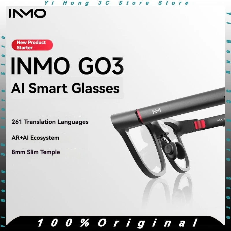 INMO GO3 AI Smart Glasses 261 Languages Real-Time Translation AR Display 8mm Temple Magnetic Swappable Battery Speaker Ring