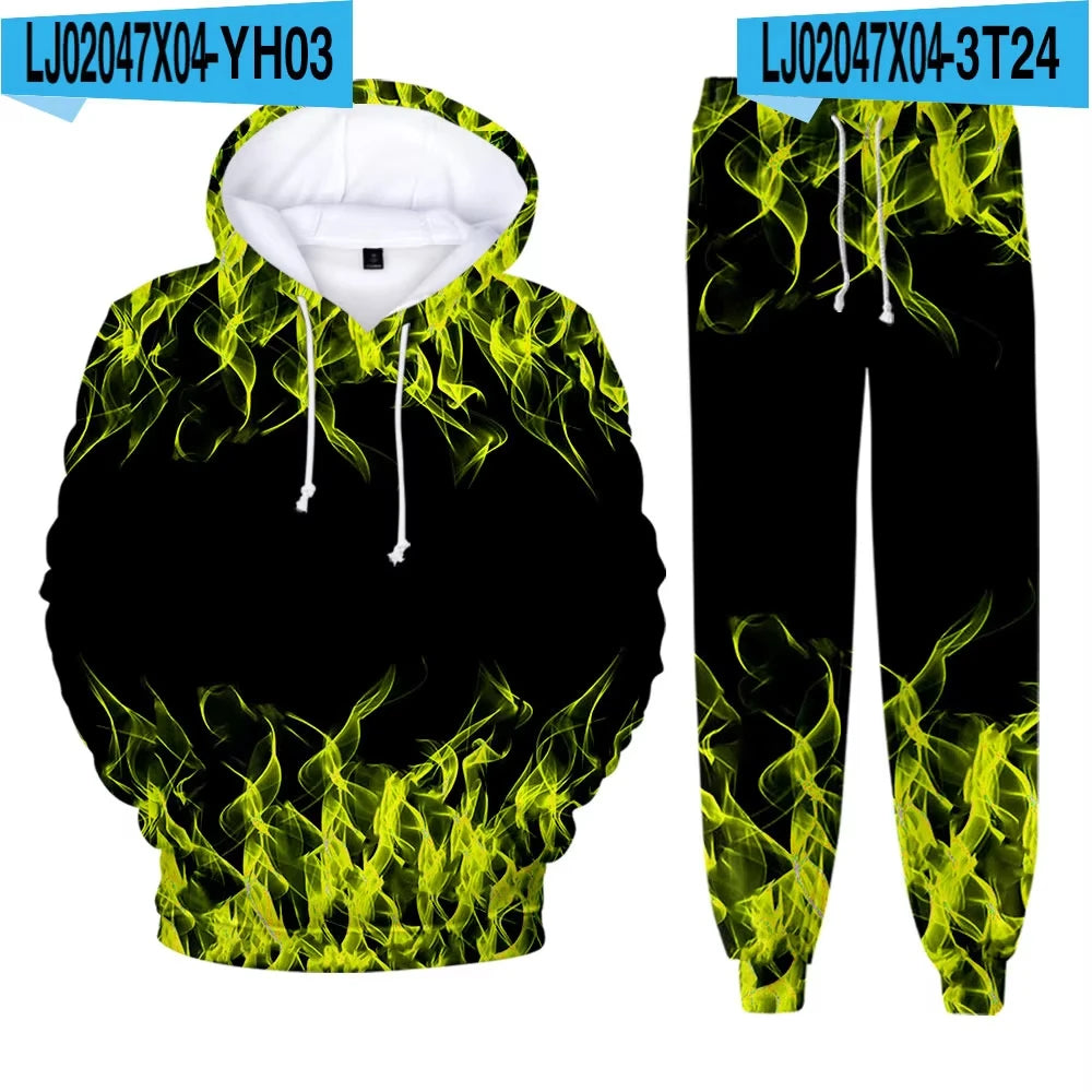 Men's Hoodie Pant Set Blue Flame 3d Print Sets Men Women Fashion Hoodie +Pants 2Pcs Sets Sports Casual Two Piece Tracksuit Suits
