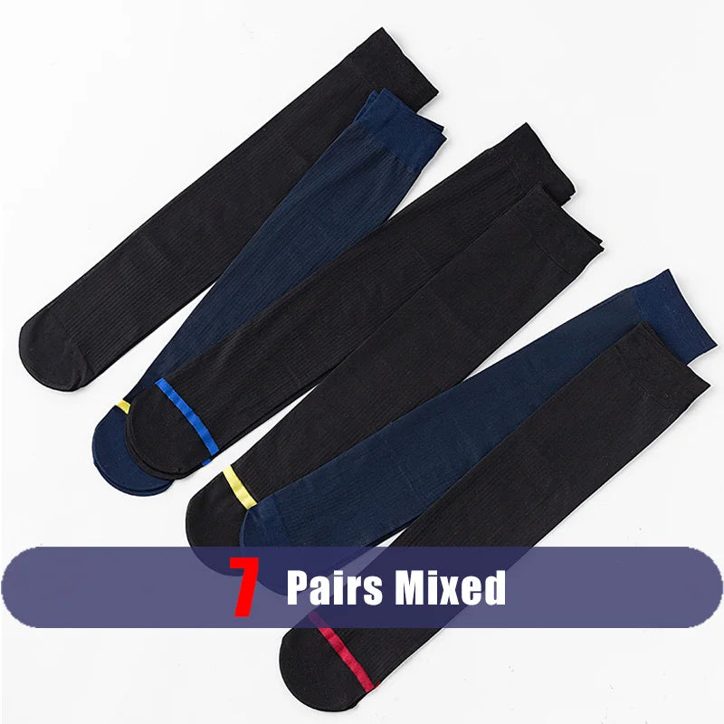 7 Pairs Man Short Silk Socks Business Thin Nylon Striped Breathable Soft Elastic Below Knee Calf Formal Wear Crew Sock Gentleman