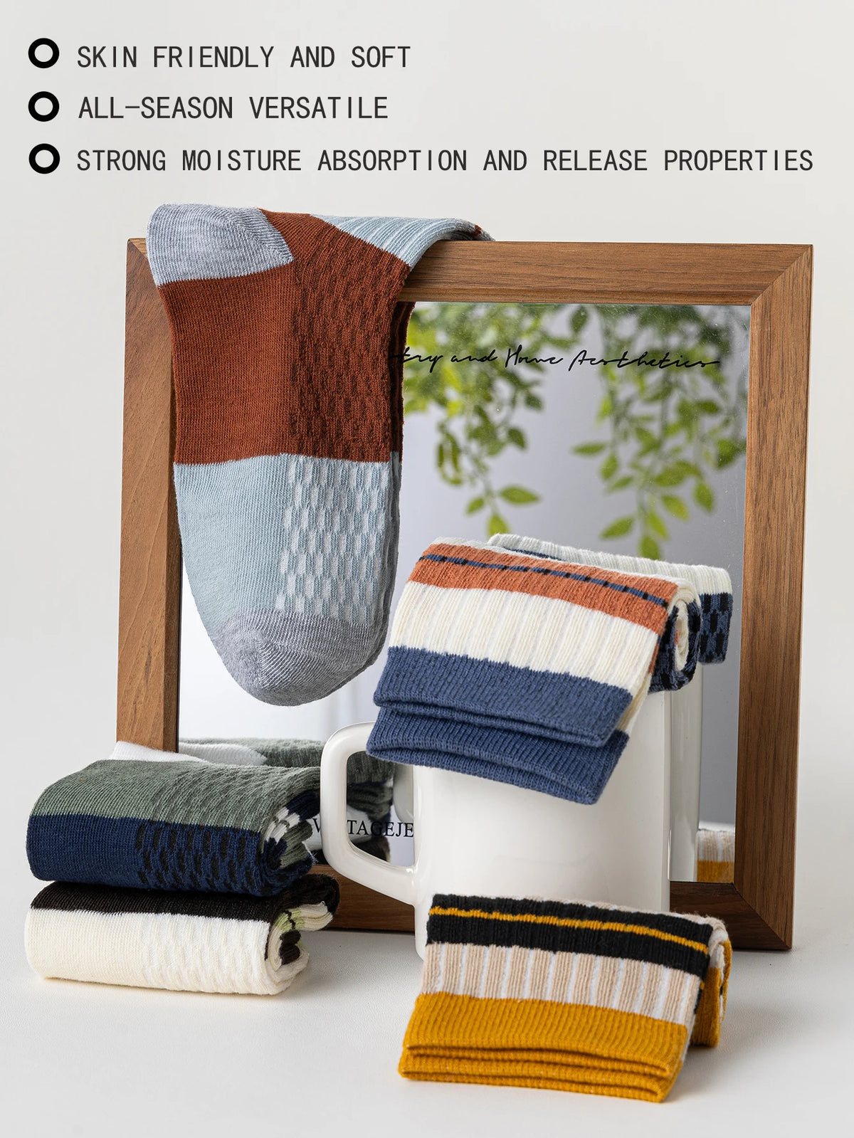 5 Pairs Men's Fashion Casual Striped Cotton Socks Anti-Odor Absorbent Mid-Calf Spring/Summer Regular Thickness Student Socks