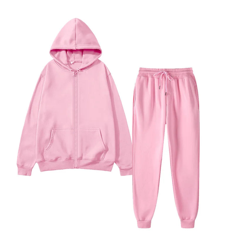 Unisex Solid Color Sportswear Set, Fashionable and Casual, Autumn and Winter Warm Zipper Hooded Cardigan Sweatshirt+Sweatpants