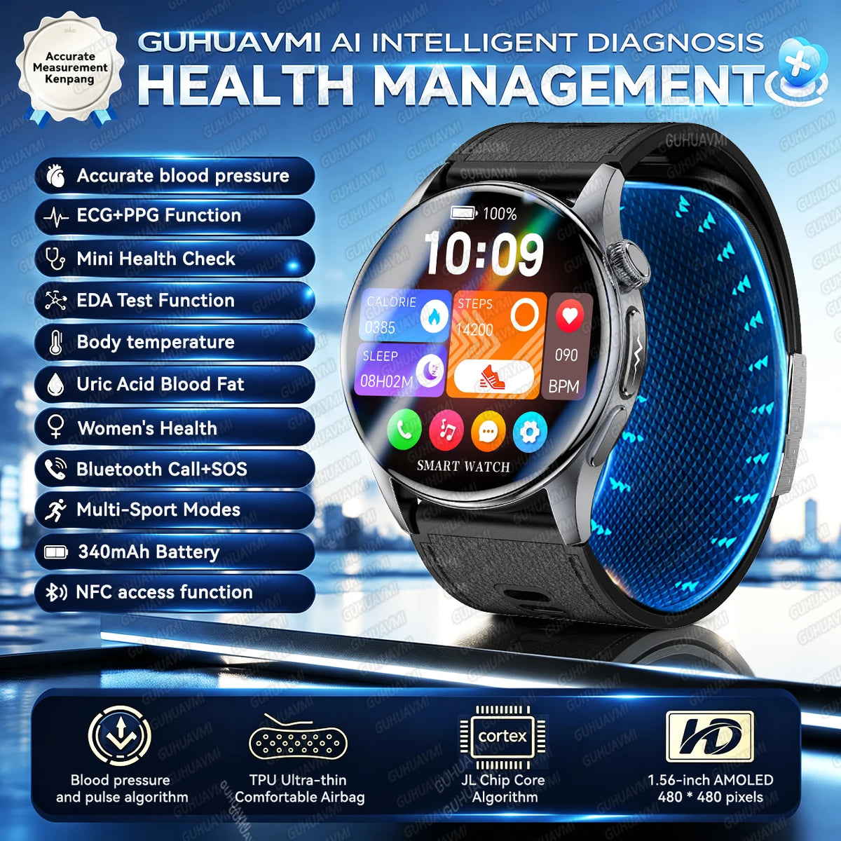 2026New Upgrade Airbag Health Smart Watch Accurate Blood pressure Uric Acid ECG 1.56“AMOLED Screen payment Fitness Nursing Watch