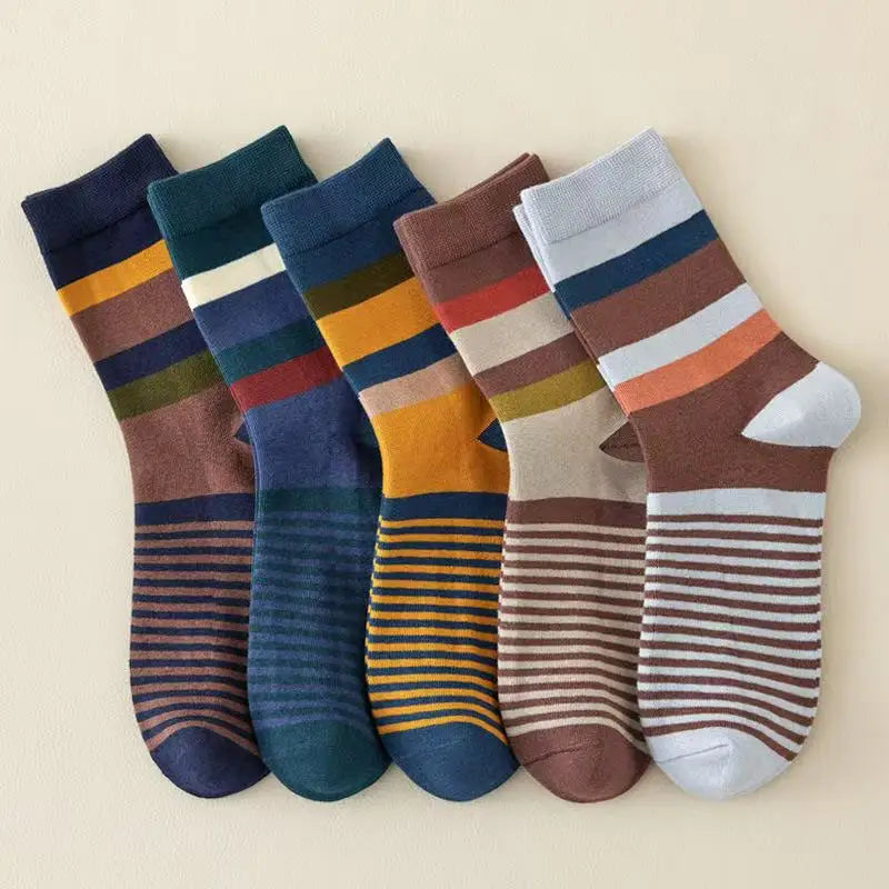 5Pairs/Lot Men's Socks Combed Cotton Outdoor Party Compression Long Socks Fashion Colorful Square Stripe Happy Casual Socks Men